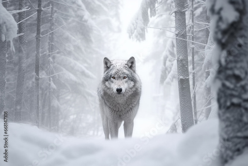 Wild wolf in winter forest. Generative Ai