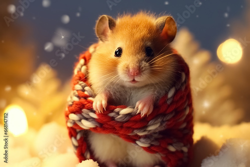 hamster in knitted plaid  winter holidays concept. Generative Ai