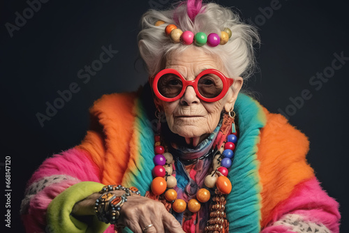 funny cool senior woman with fashionable clothes, youthful grandmother with extravagant style. Generative Ai