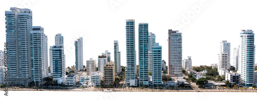  Aerial panoramic view of the Bocagrande district island skyscrapers Cartagena Colombia on isolated png background © ronedya