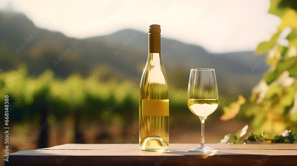 A bottle of white wine on a background of a vineyard.