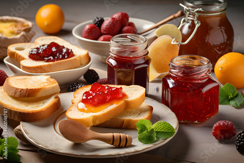 Arrangement of various types of jam and honey with a small plate of toast in front