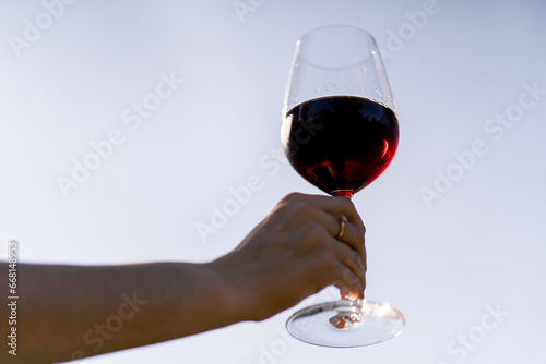 Photos Close-up shot of a woman's hand in sunny garden holding a glass filled with aged