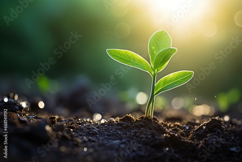 hope and life concept small plant tree growth from soil dirt ground with watering from above with morning sunshine light nature and freshness garden