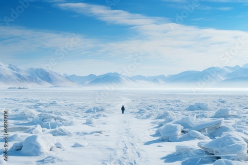 solo traveler walking over frozen lake discovering the winter landscape  rear view of man standing looking at snow covered frozen mountain wilderness © VERTEX SPACE