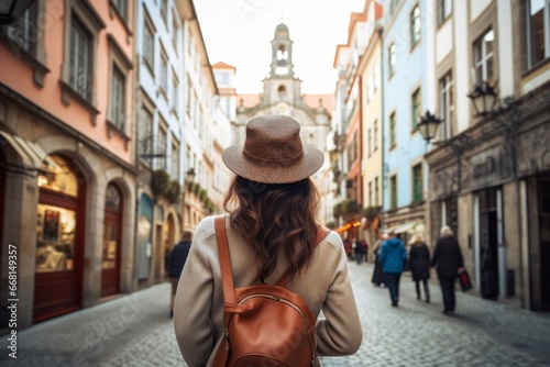 casual relax female traveller walk sight seeing daytour in europe famous beautiful old town with historic architecture famous landmark travel concept