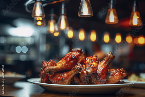 Close up of grilled chicken wings on plate in background of dark modern restaurant.  Meal concept of food and cooking. photo