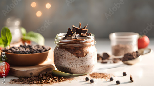 Creamy chocolate mousse chia pudding snack with ingredients in behind, sunny light background, generative ai photo