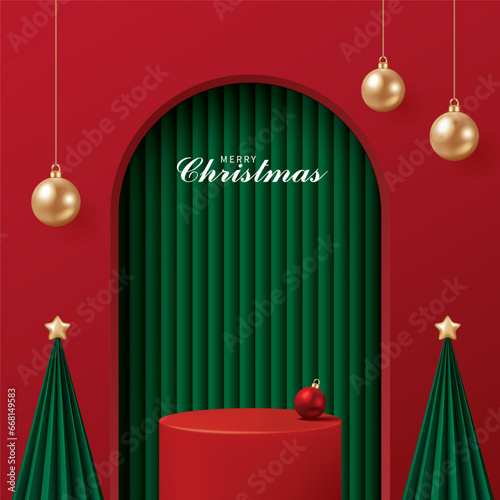 Christmas poster for product demonstration. Red pedestal or podium with bauble and Christmas trees on red background.