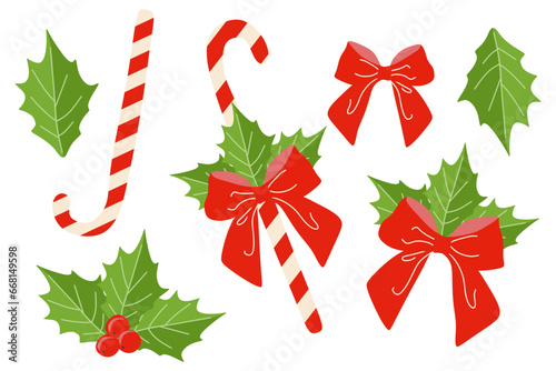 Christmas Holly Berry Set With Ribbon Bow, Leaves, Vector Flat Illustration. Collection of Xmas Decorations and Sweet for Greeting postcard, Wrapping paper, Gift box. Design elements isolated on white