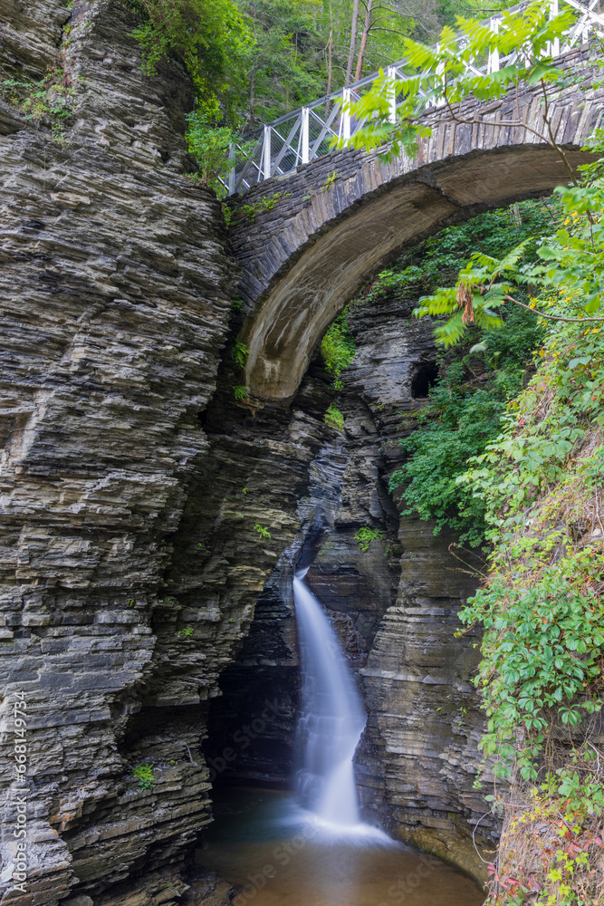 Sentry bridge and entrance falls at Watkins Glen State Park, New York