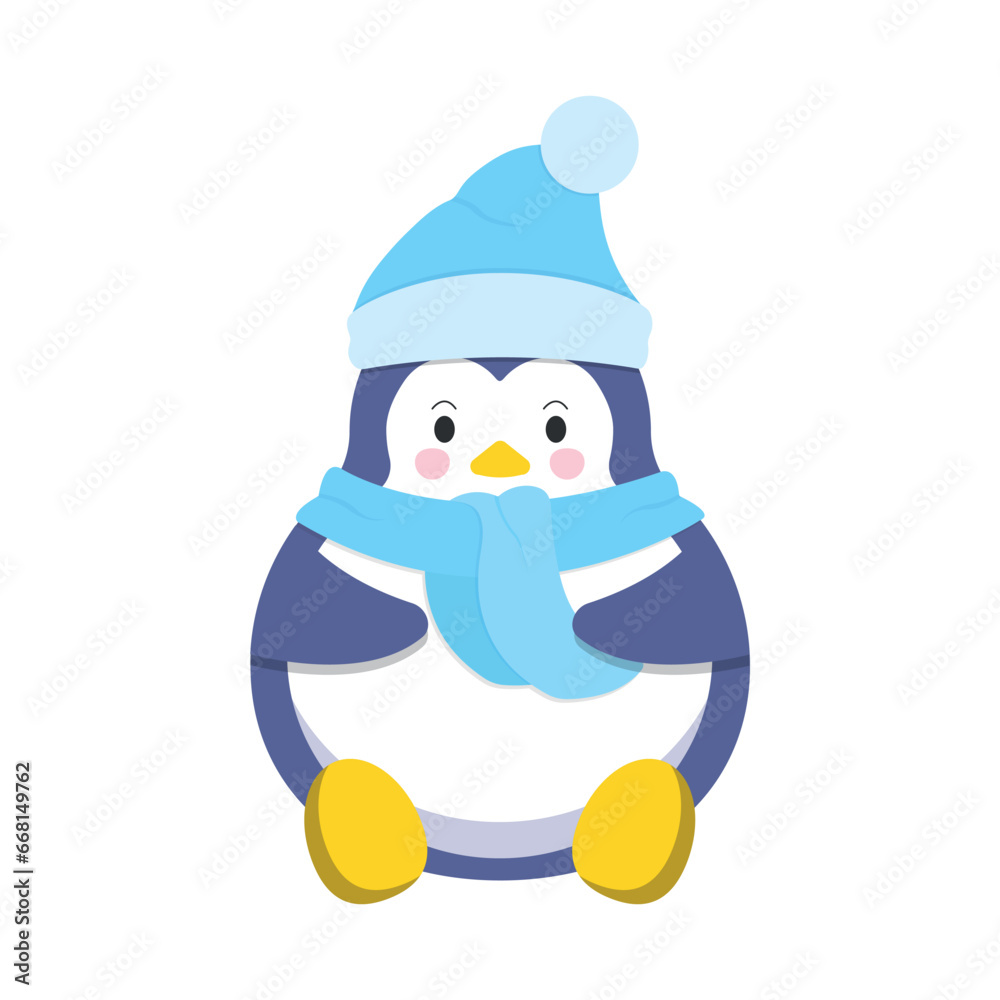 Cute cartoon penguin in a hat and scarf on a white background Cute cartoon penguin in a hat and scarf on a white background