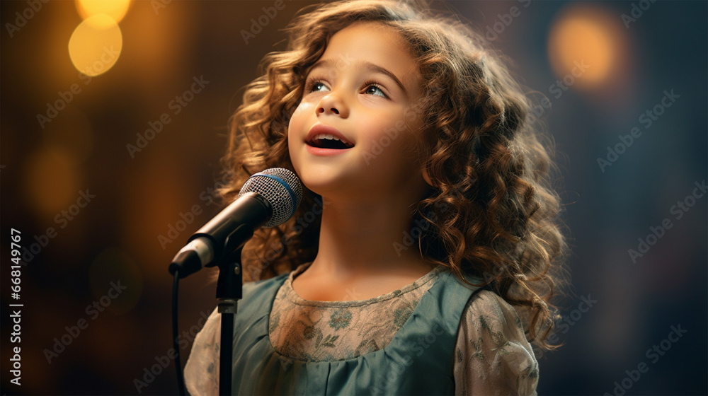Little girl singing into a microphone at a concert in the evening. Little girl singing into a microphone at a concert in the evening.