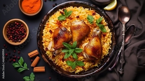 Chicken kabsa - homemade arabian rice, top view