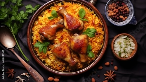 Chicken kabsa - homemade arabian rice, top view