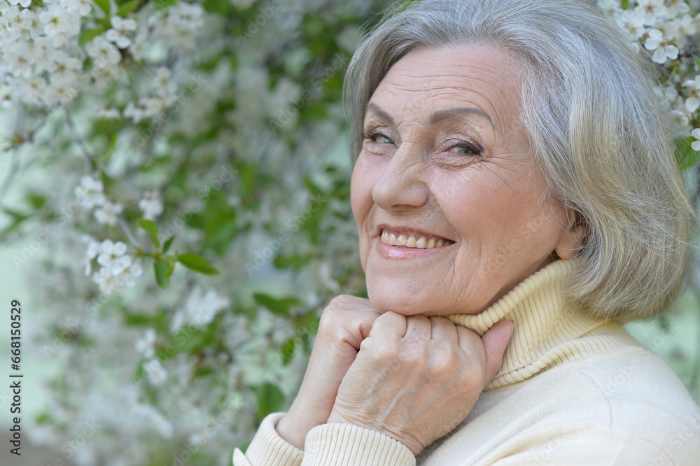 Close-up portrait of smiling elderly woman posing in summer park