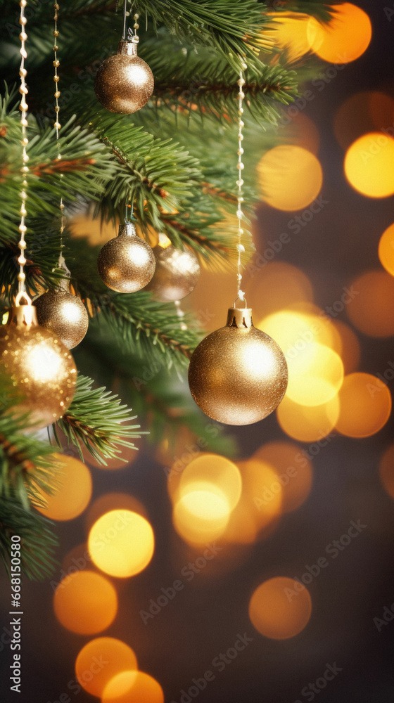 Christmas tree with golden balls on bokeh background, closeup. Christmas tree with golden balls on bokeh background, closeup.