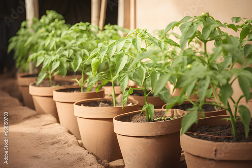 Green pepper plants in clay pots on a sunny day  generative ai