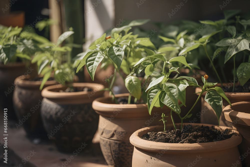 Green pepper plants in clay pots on a sunny day, generative ai Green pepper plants in clay pots on a sunny day, generative ai