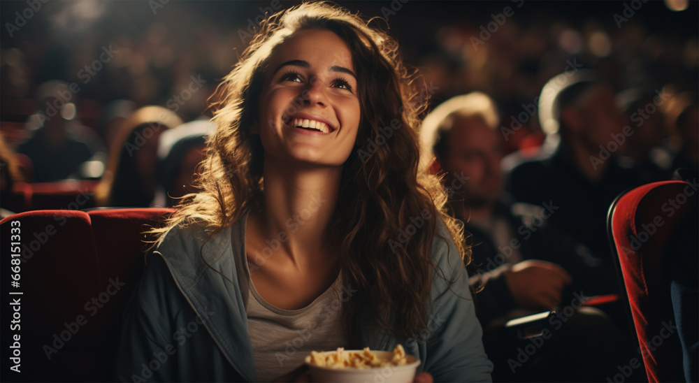 Young woman watching movie in cinema. Girl eating popcorn and smiling.