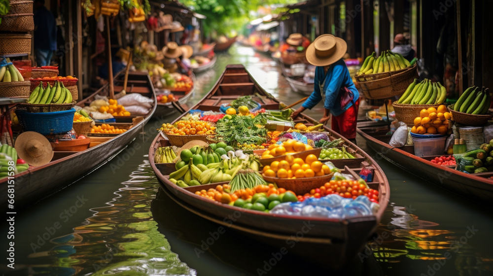 Fototapeta premium floating boats in the market of hoi an in vietnam
