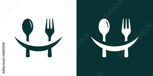 logo design combining a smile with a spoon and fork for food design.