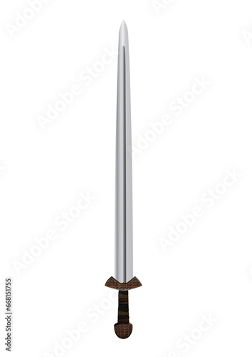 Viking sword with ornaments on the hilt, vector graphic illustration isolated on white background.