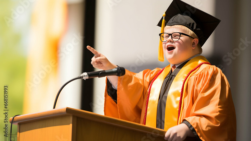 Enthusiastic graduate with Down syndrome proudly addressing the audience during a graduation ceremony photo
