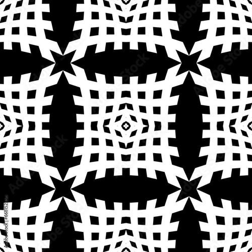 White ornamental figures on black background. Seamless surface pattern design with wicker ornament. Embroidery wallpaper. Openwork motif. Digital paper for page fills, textile print. Vector art