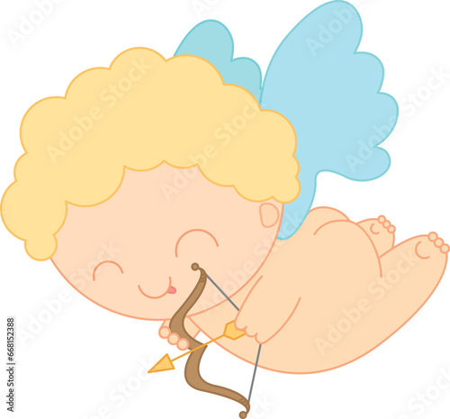 Сute little angel with bow and arrow in hands. Vector colorful illustration for card, poster or banner