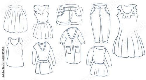 clothing set hand drawn sketch doodle coloring, jeans, trousers. dress, shorts, T-shirt, skirt outfit elements separately on a white background wardrobe shopping