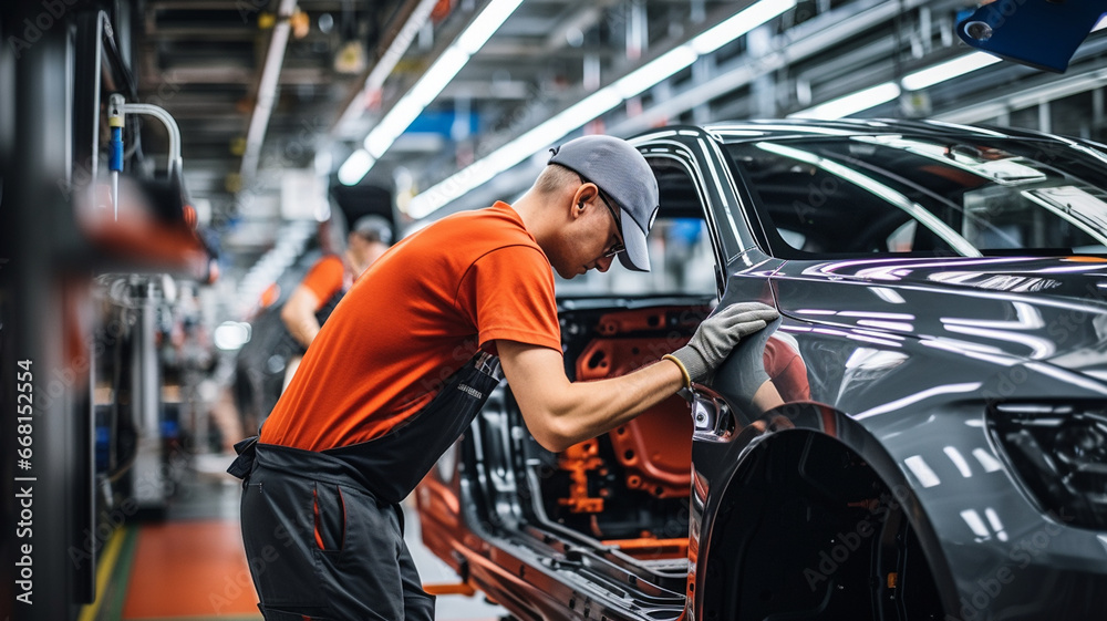 workers are working at a car in a auto repair factory