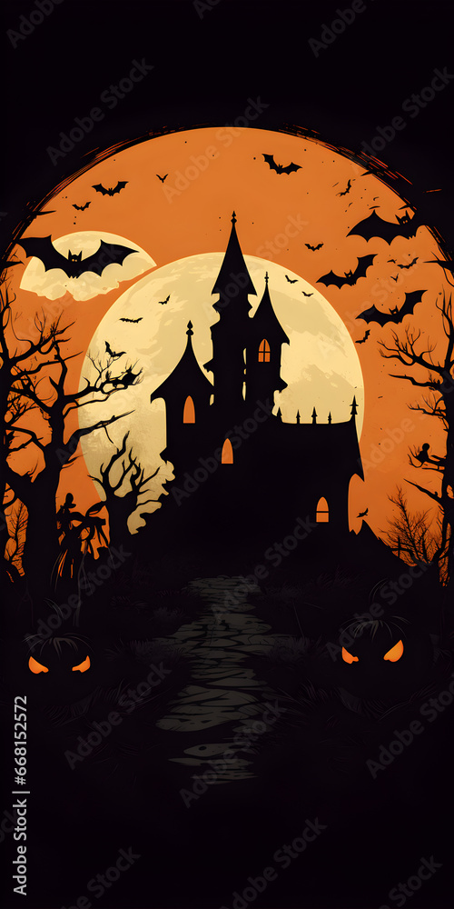 Haunted Castle Silhouette Against Full Moon, Spooky Halloween Night Scene
