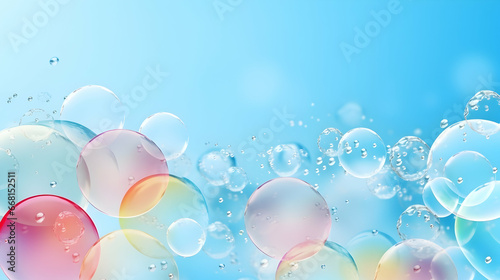 Colorful pink and blue abstract background with floating transparent soap bubbles photo