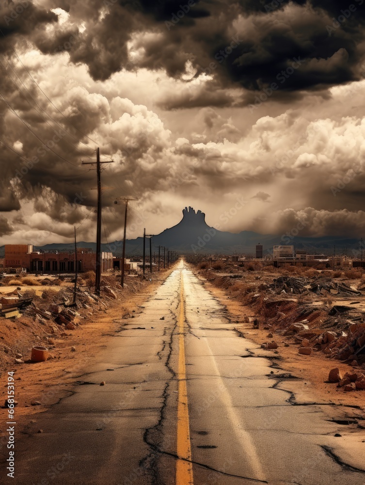 Post apocalyptic background image of wasteland with abandoned and  cracked road to nowhere