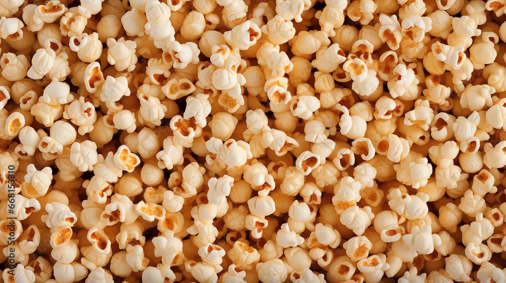 Large amount of delicious popcorn fills the space of background. Tasty classic food perfect for movie night. Banner for advertisement. Large amount of delicious popcorn fills the space of background. Tasty classic food perfect for movie night. Banner for advertisement.
