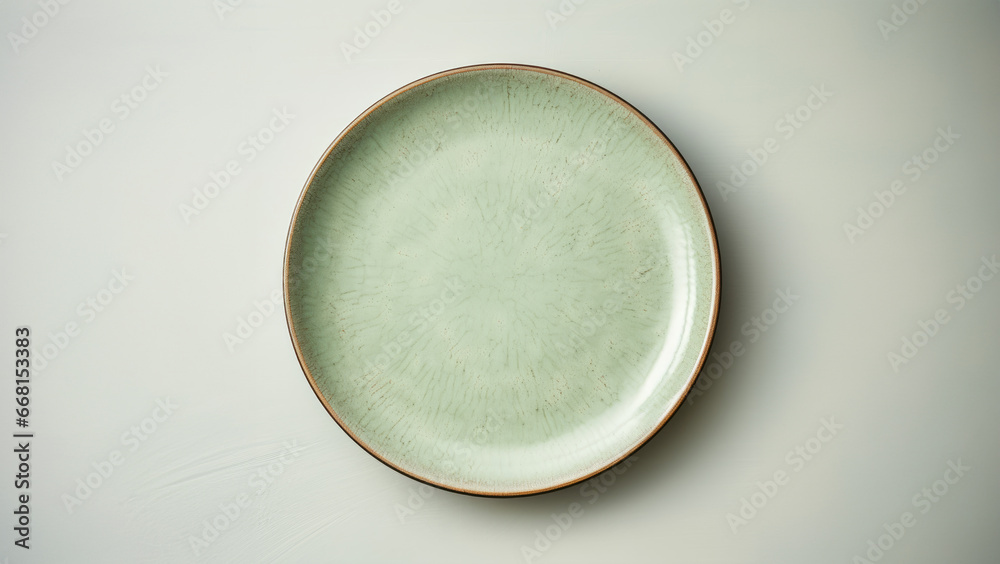 Empty ceramic plate lying on a table. Flat lay, top view Empty ceramic plate lying on a table. Flat lay, top view