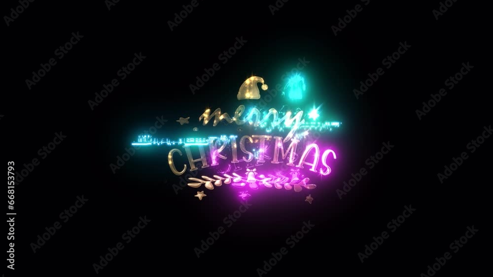 Merry christmas golden text with light motion glitch cyber punk effect animation on black abstract background.