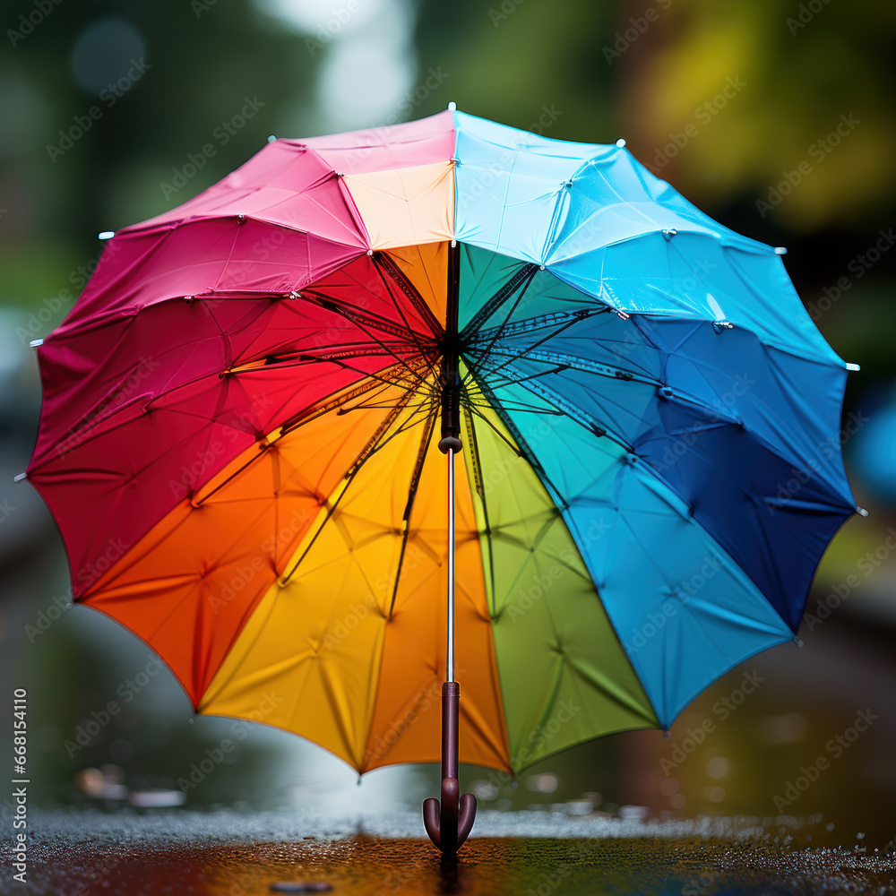 A cheerful photo of a rainbow umbrella in the rain.

