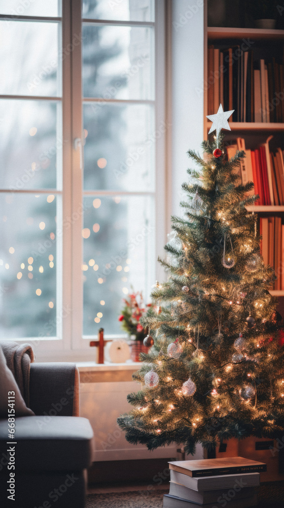 Christmas tree and books on the background of a window in the living room. Christmas tree and books on the background of a window in the living room.