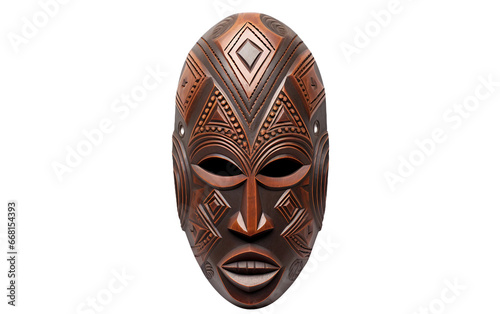 Stunning Brown African Dan Mask Known for its Geometric Patterns Isolated on Transparent Background PNG.