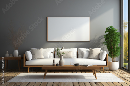 Blank white picture/art frame in a light and modern living room. Mock up template for Design or product placement