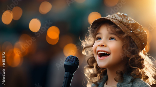 Little girl singing into a microphone at a concert in the evening.