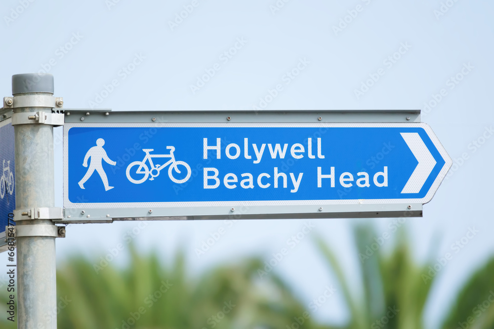 Fototapeta premium A signpost showing a walkway and cycle path to Holywell and Beachy Head, shot against a blue summer sky and green foliage