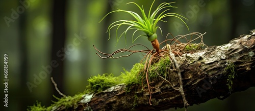 A photo captures a wild air plant growing on a tree with resurrection fern nearby in Florida photo