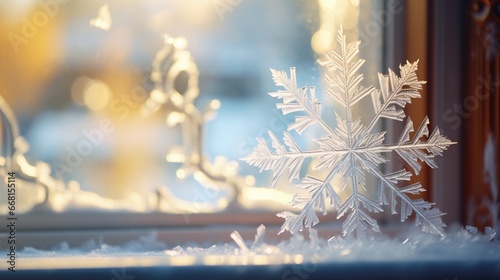 A close-up of a snowflake landing on a frosty windowsill, the intricate details illuminated by the soft morning light. © Ibraheem