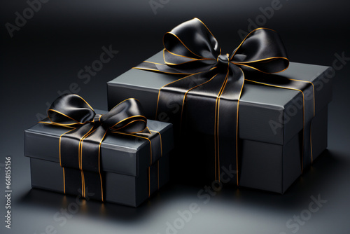 Blank open black present box or top view of black gift box with black ribbons and bow isolated on dark background with shadow minimal black friday conceptual 3D rendering