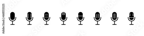 Microphone icon set. Podcast microphone. Mic broadcast sign collection