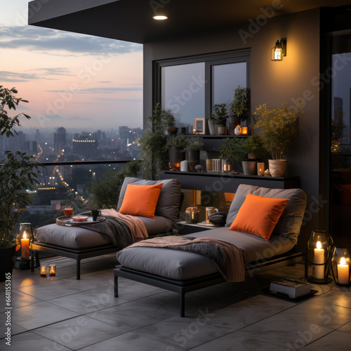 A balcony design concept featuring minimalist modern 
