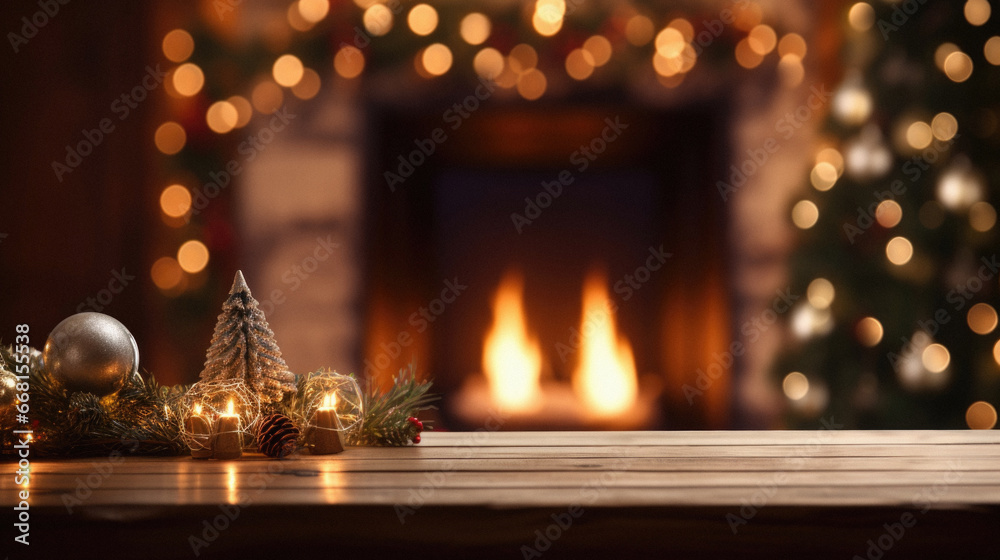 Christmas background with wooden table in front of fireplace and christmas tree. Christmas background with wooden table in front of fireplace and christmas tree.